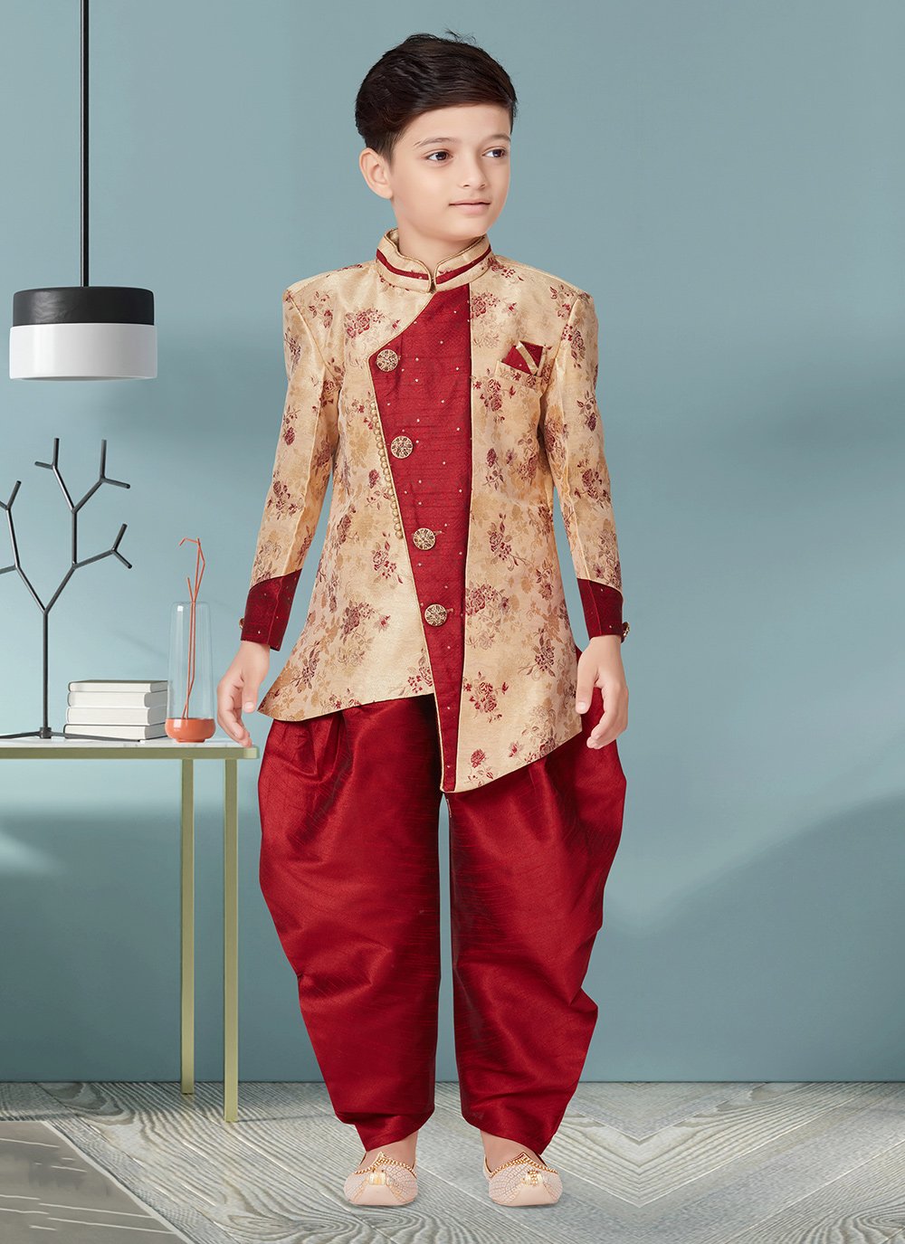 Indo Western Sherwani Jacquard Cream Maroon Thread Kids