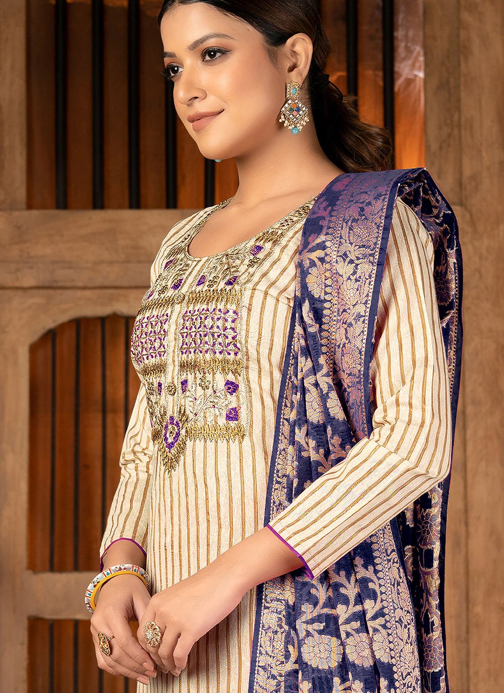 Salwar Suit Cotton Blue Cream Weaving Salwar Kameez