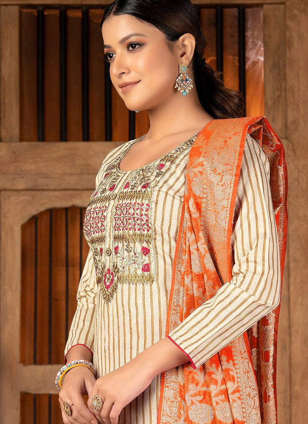 Straight Salwar Suit Cotton Cream Orange Weaving Salwar Kameez