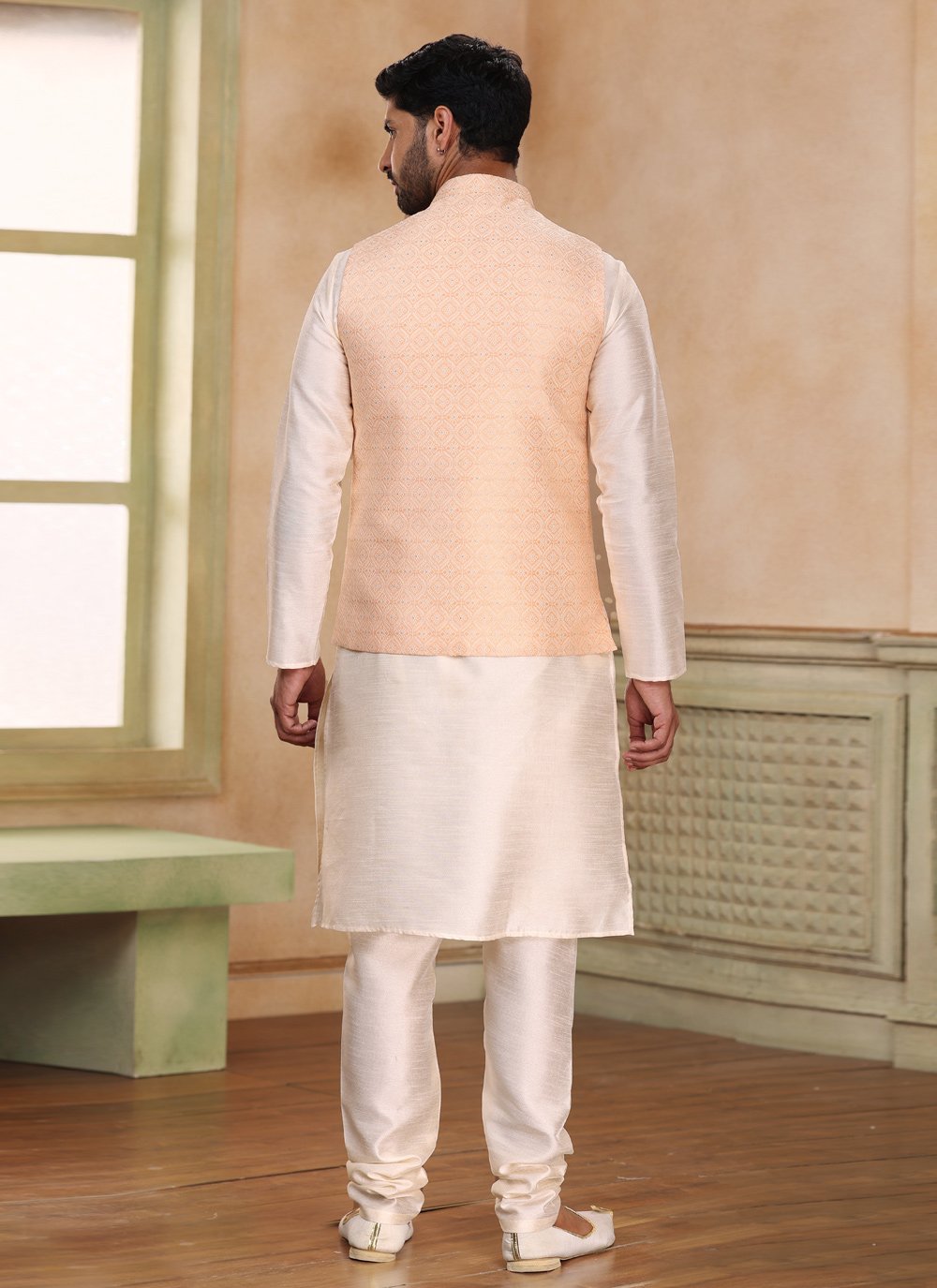 Kurta Payjama With Jacket Jacquard Silk Cream Peach Fancy Work Mens