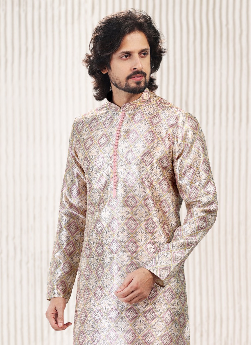 Kurta Pyjama Banarasi Jacquard Cream Peach Fancy Work Mens
