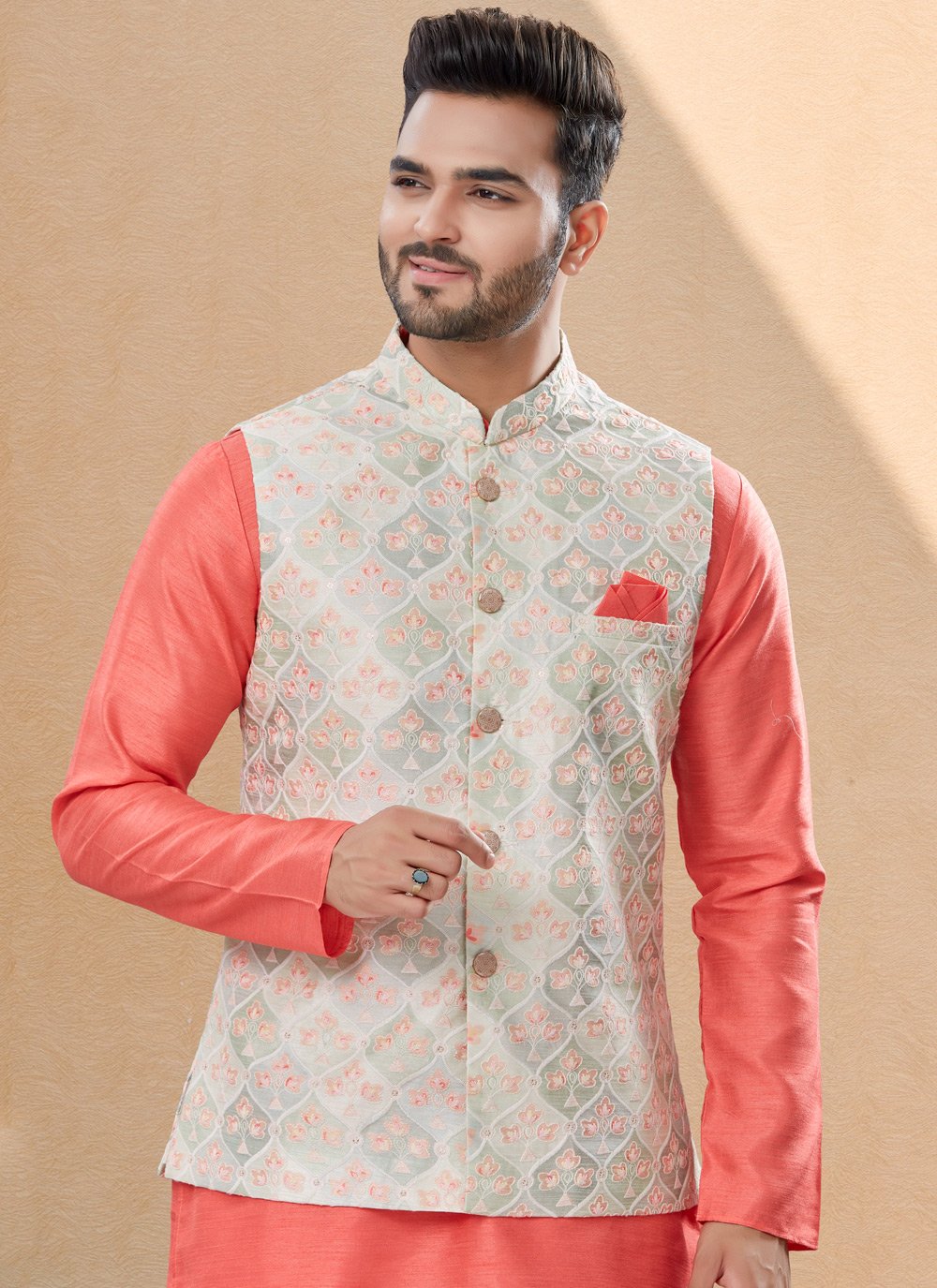 Kurta Payjama With Jacket Banarasi Silk Dupion Silk Cream Peach Jacquard Work Mens