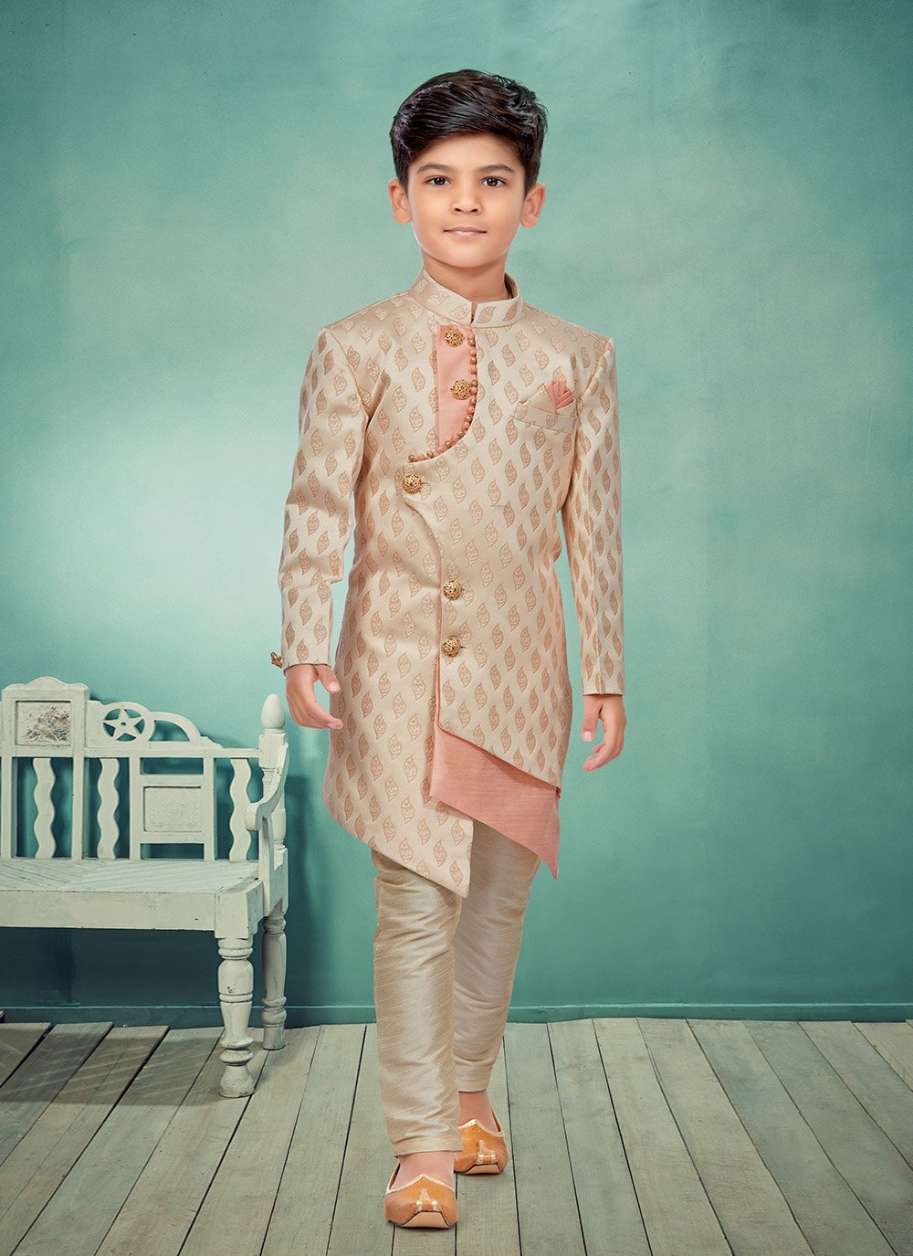 Indo Western Banarasi Jacquard Cream Pink Stone Kids