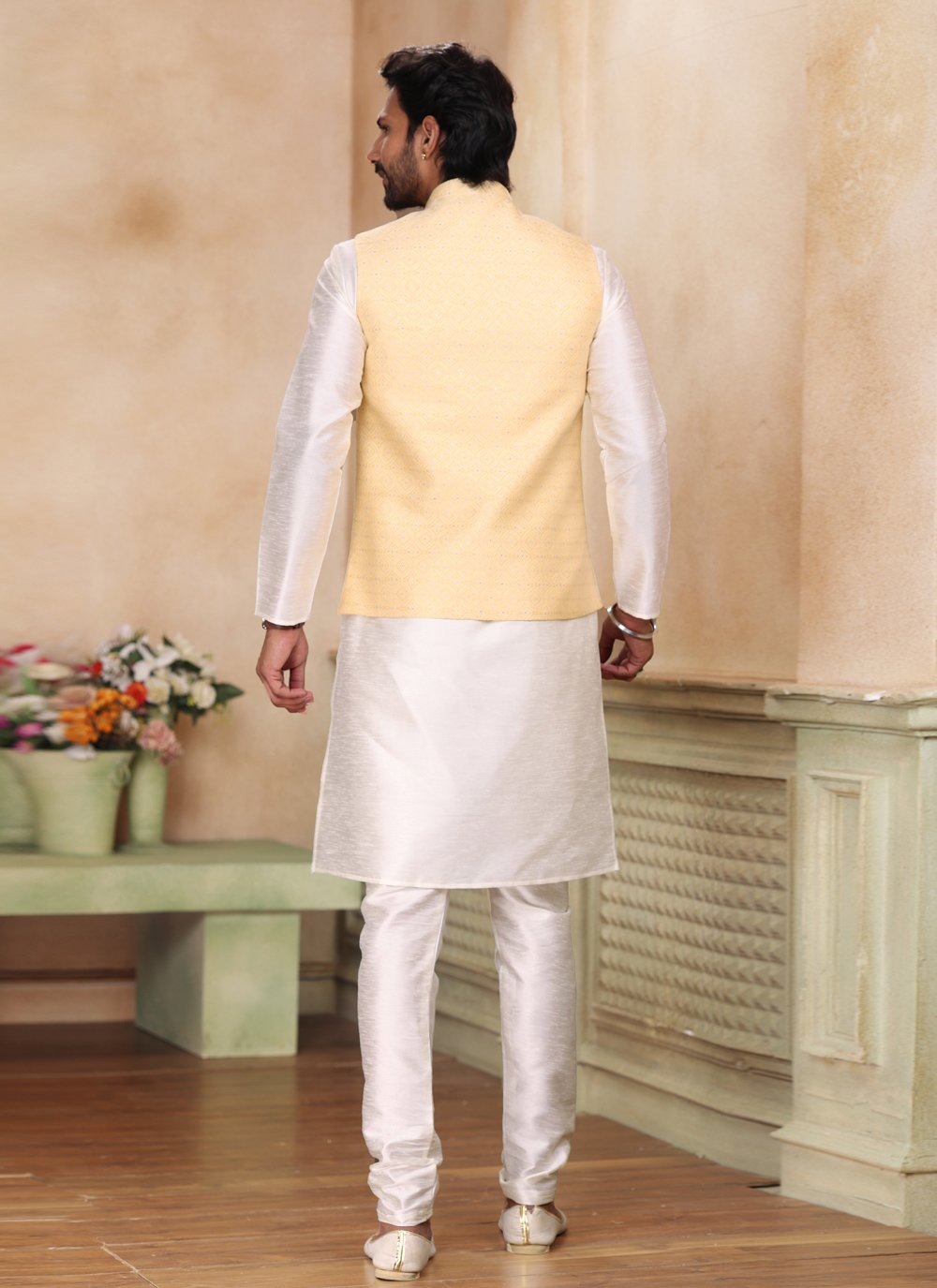 Kurta Payjama With Jacket Jacquard Silk Cream Yellow Fancy Work Mens
