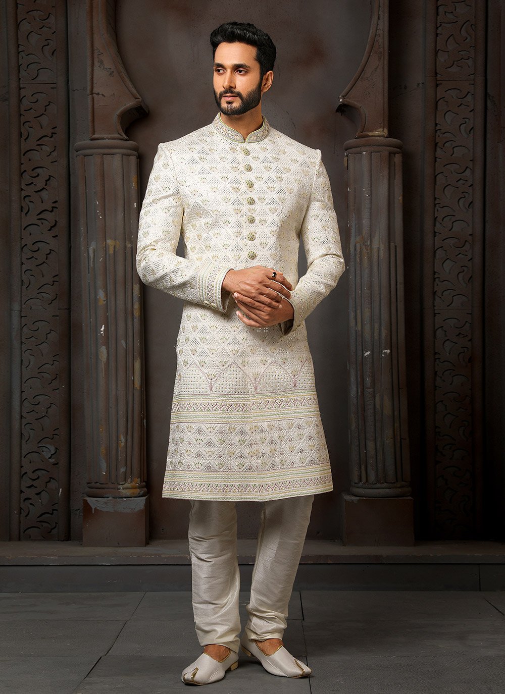 Sherwani Art Silk Cream Machine Embroidery Mens
