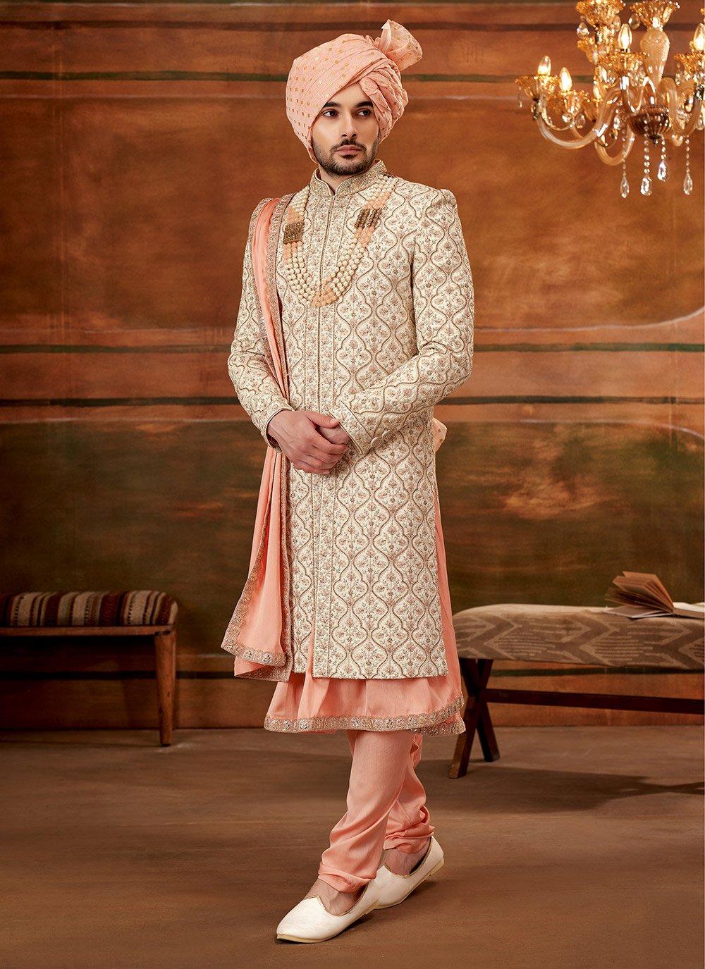 Sherwani Art Silk Cream Hand Work Mens