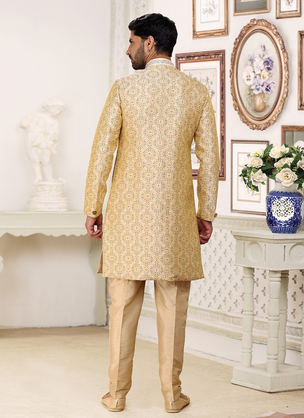Indo Western Banarasi Jacquard Cream Fancy Work Mens
