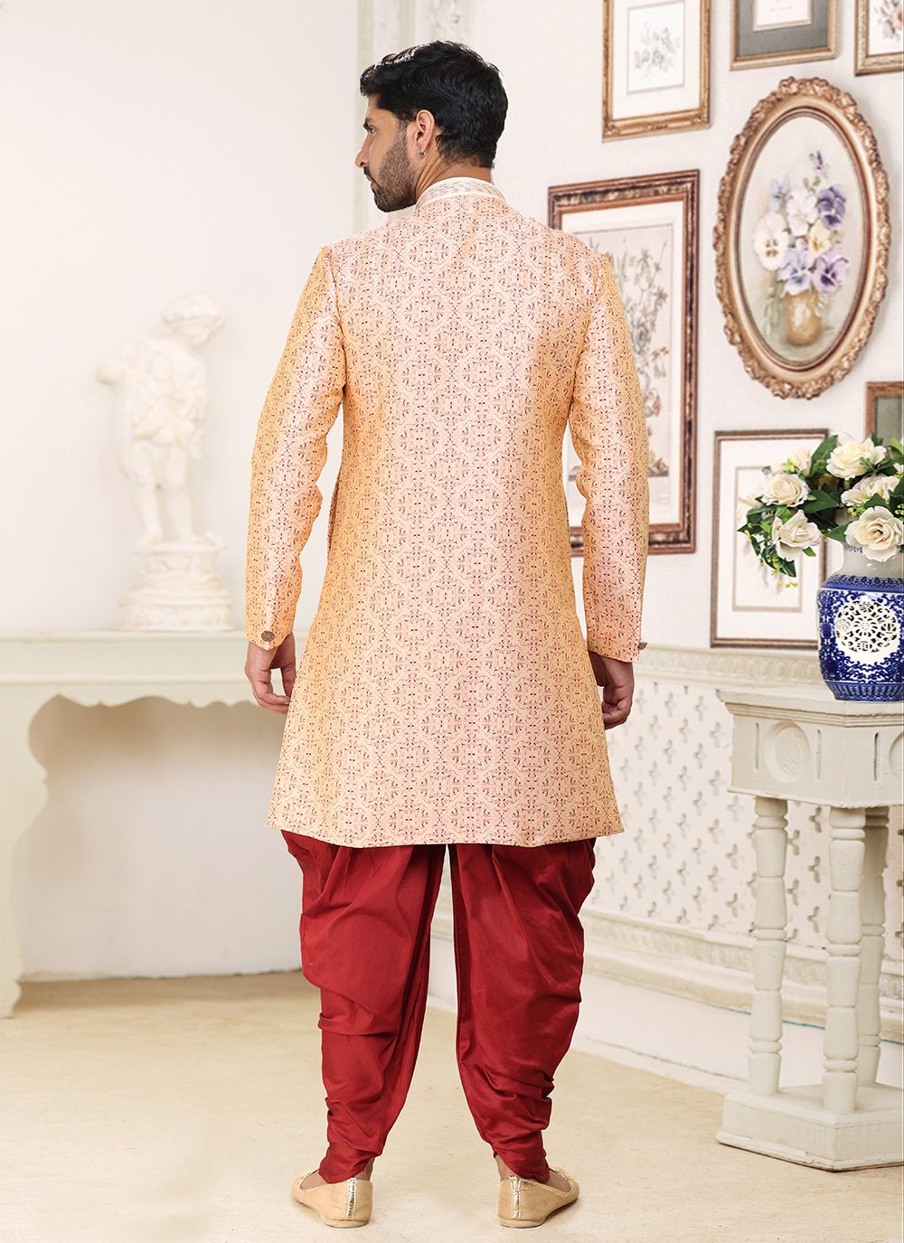 Indo Western Banarasi Jacquard Cream Fancy Work Mens
