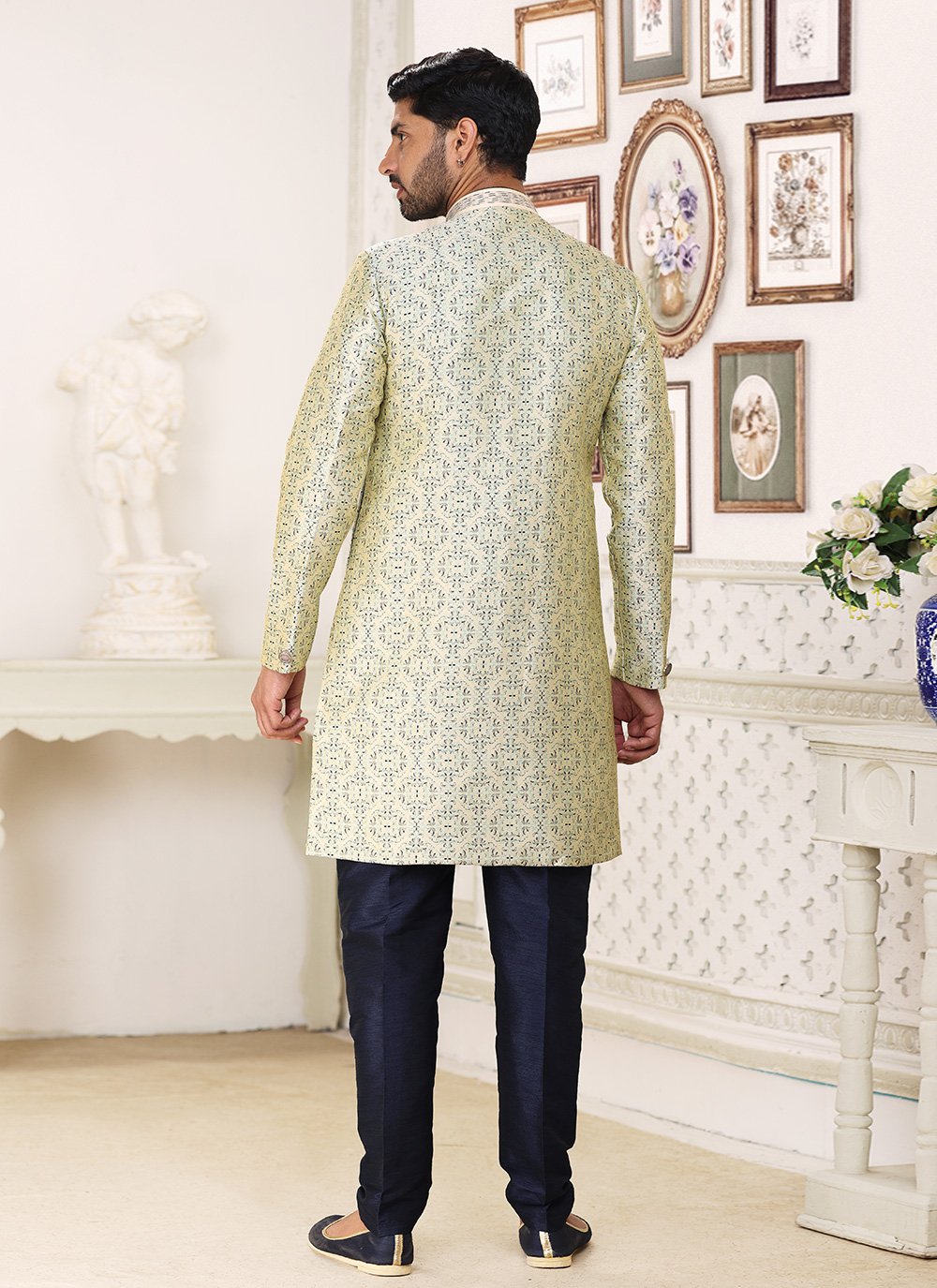 Indo Western Banarasi Jacquard Cream Fancy Work Mens
