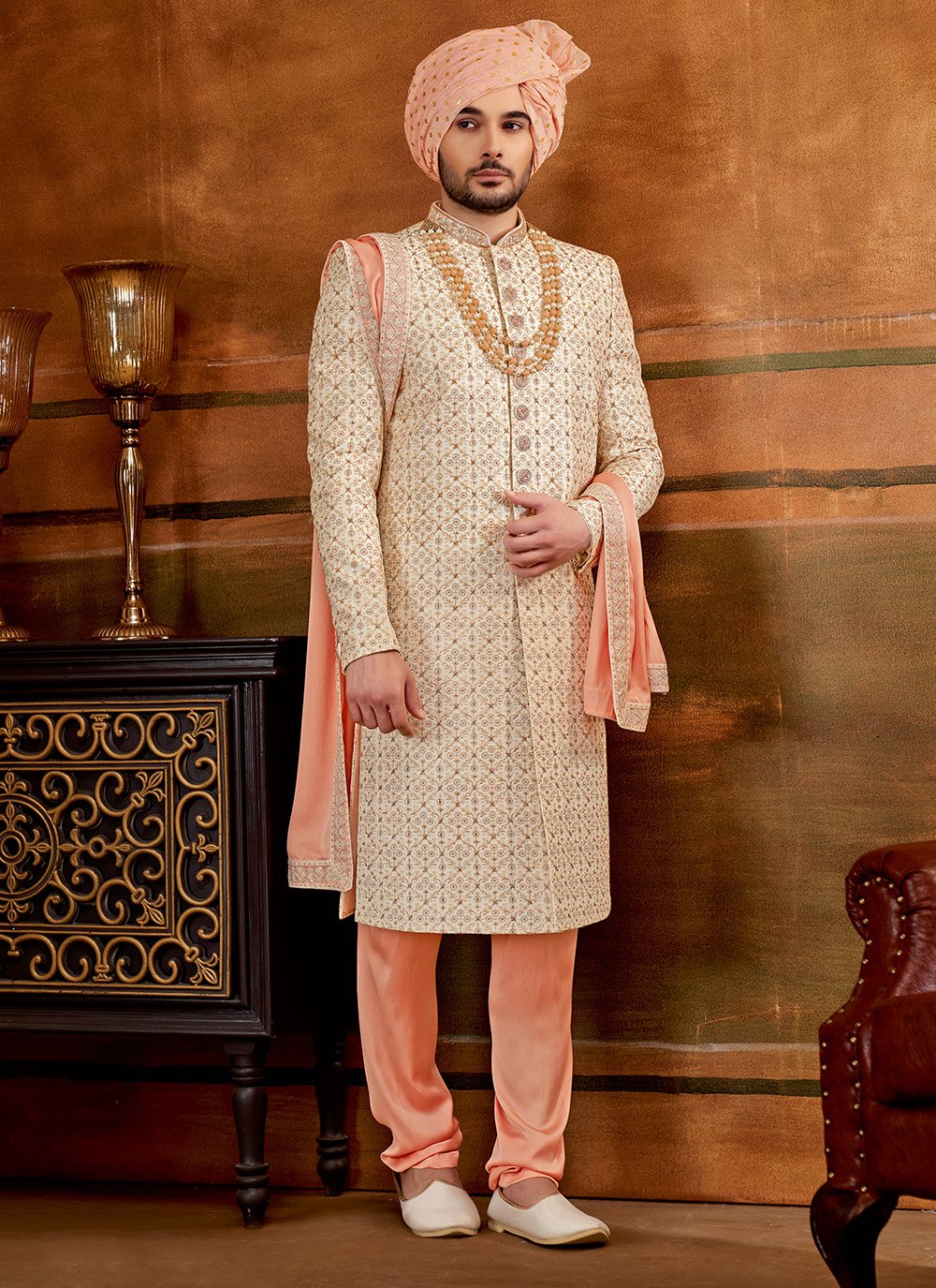Sherwani Art Silk Cream Hand Work Mens