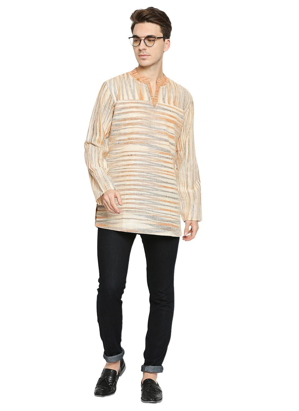 Short Kurta Blended Cotton Cream Print Mens