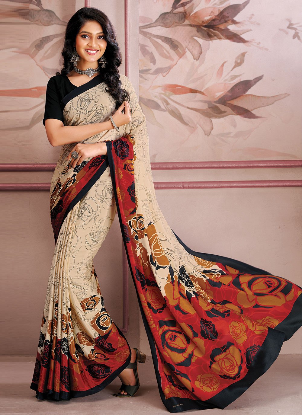 Classic Faux Crepe Cream Print Saree