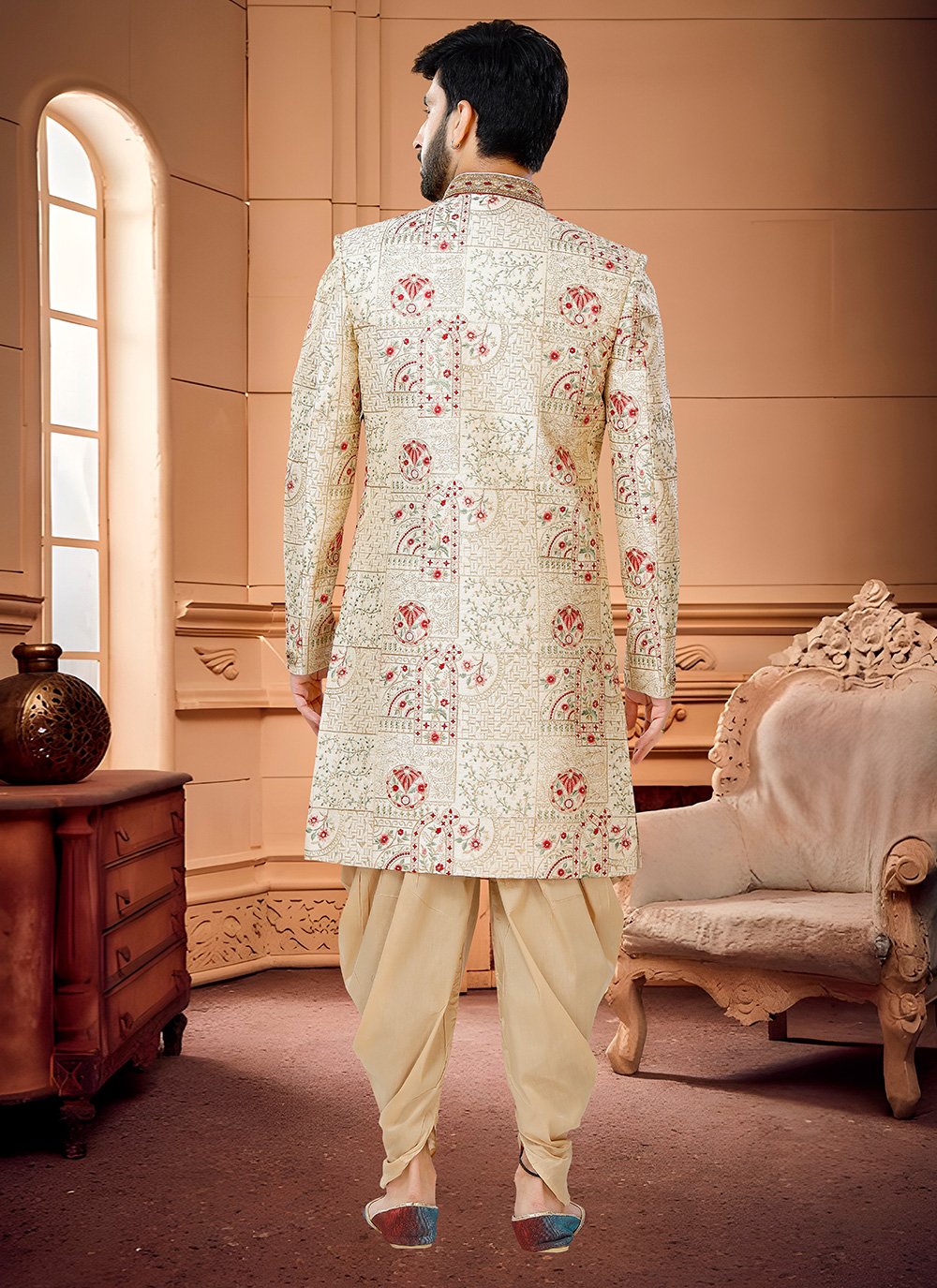Indo Western Sherwani Silk Cream Hand Work Mens
