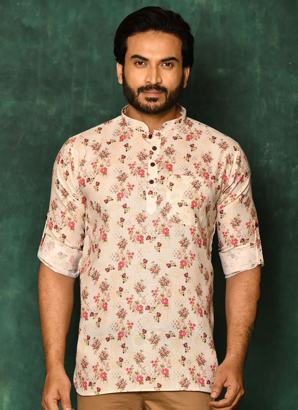 Short Kurta Cotton Cream Print Mens