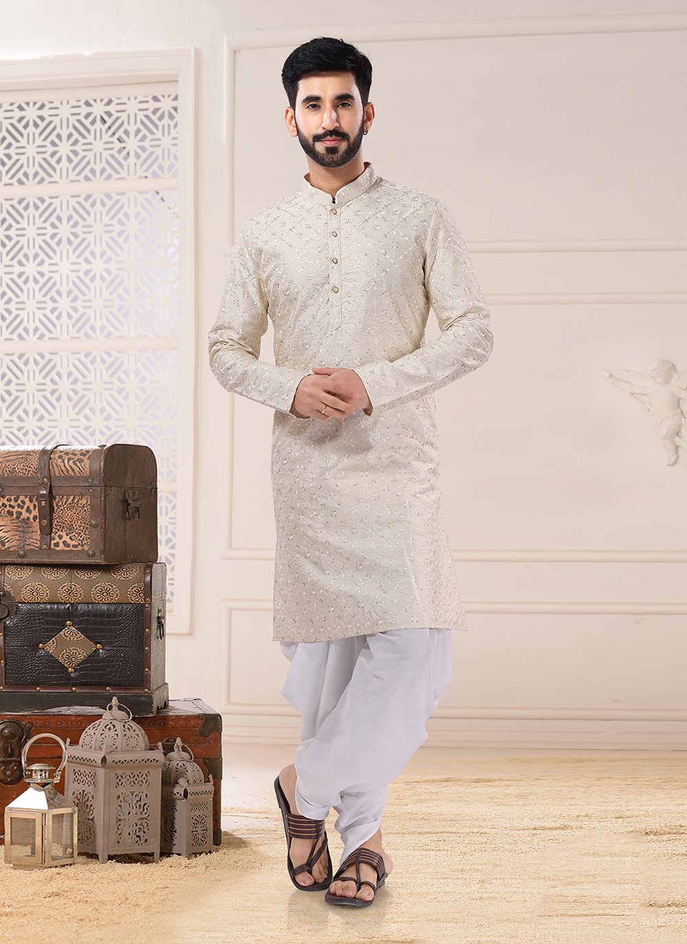Dhoti Kurta Silk Cream Embroidered Mens