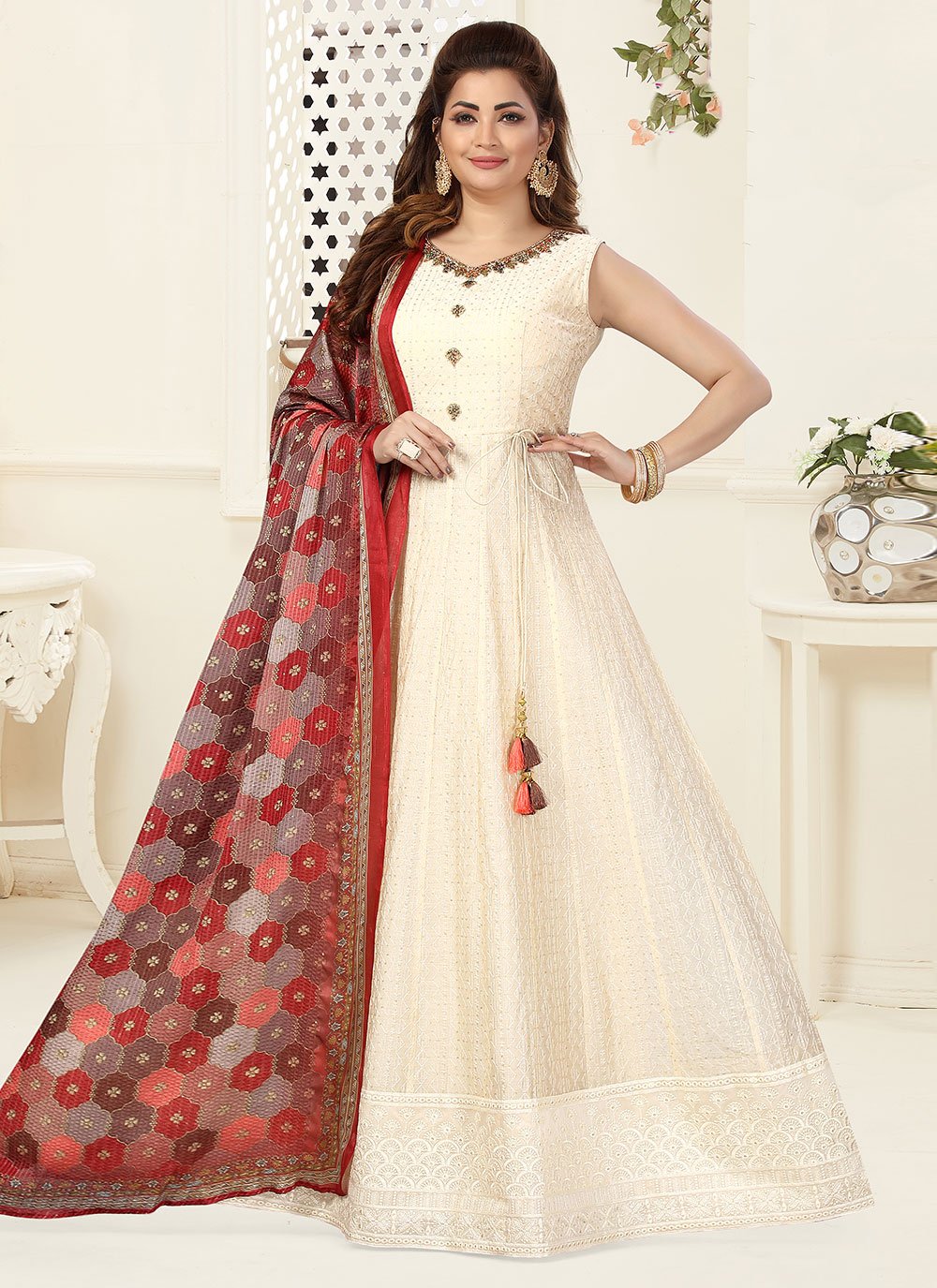 Salwar Suit Silk Cream Embroidered Salwar Kameez