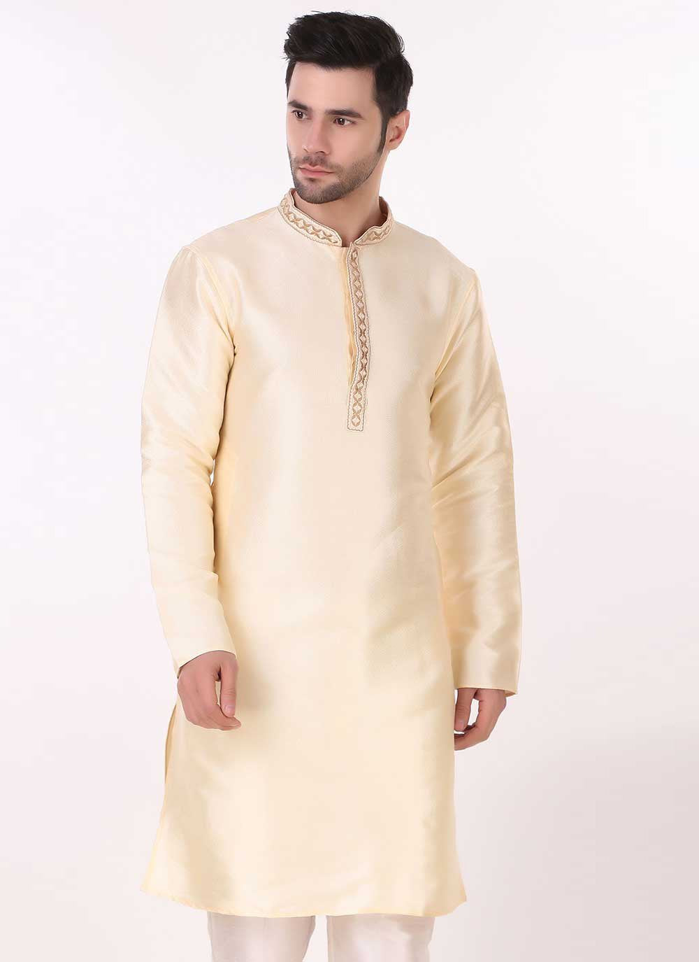 Kurta Pyjama Art Silk Cream Embroidered Mens