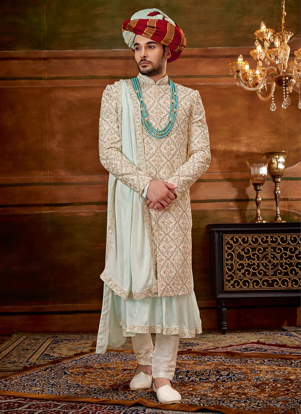 Sherwani Art Silk Cream Hand Work Mens