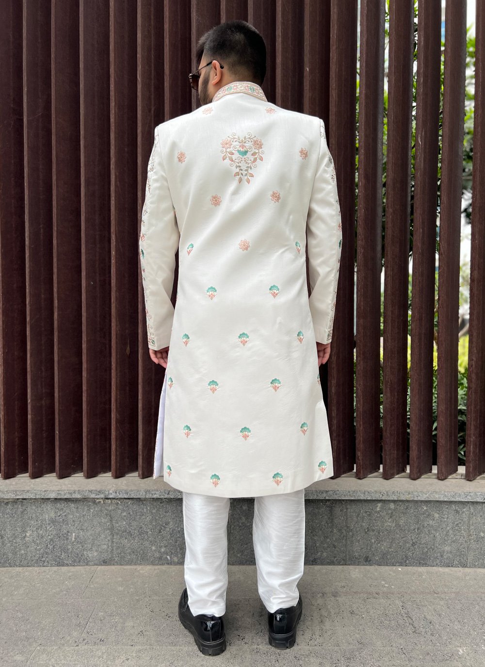 Sherwani Silk Cream Embroidered Mens