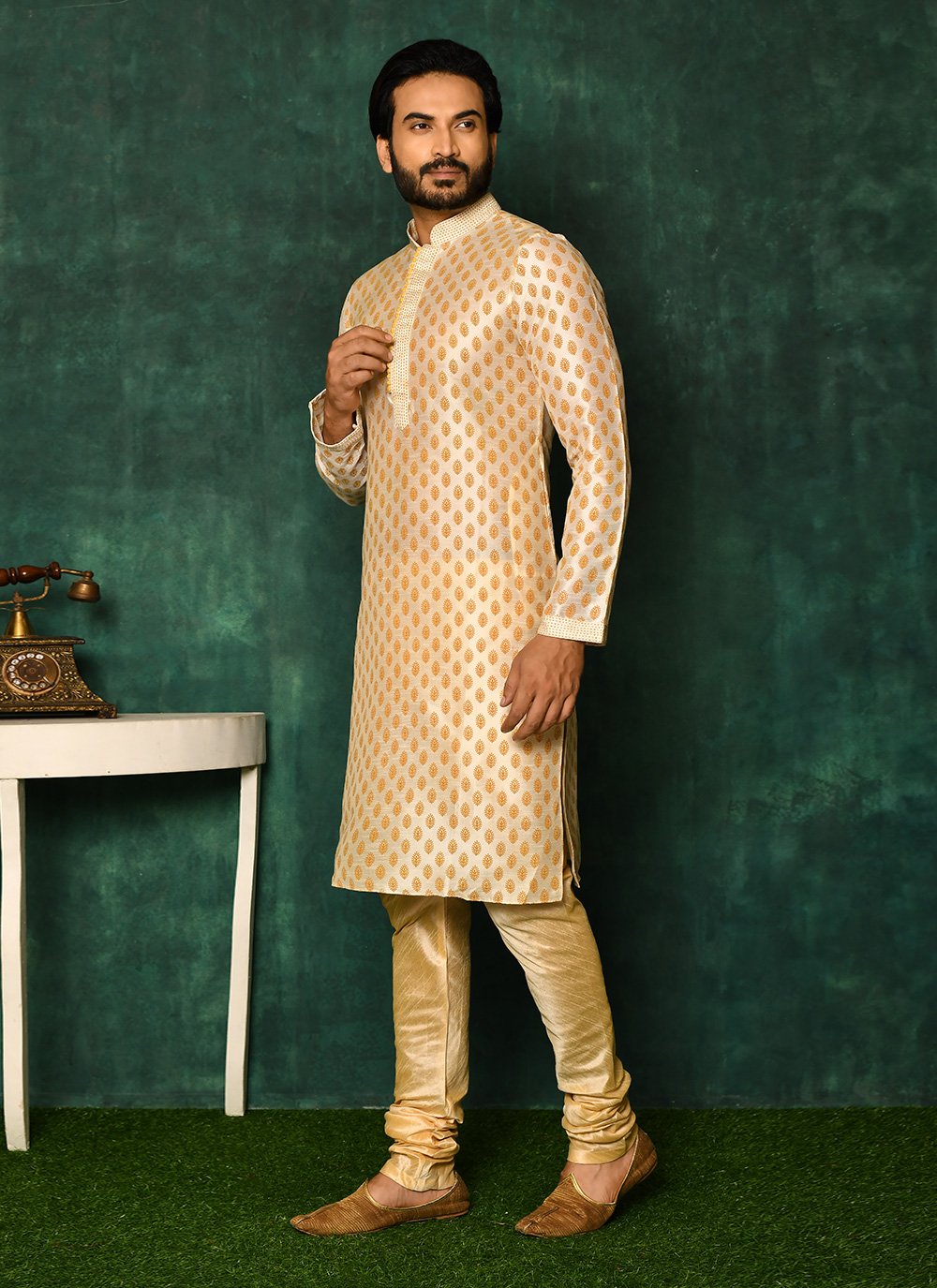 Kurta Pyjama Art Silk Cream Woven Mens