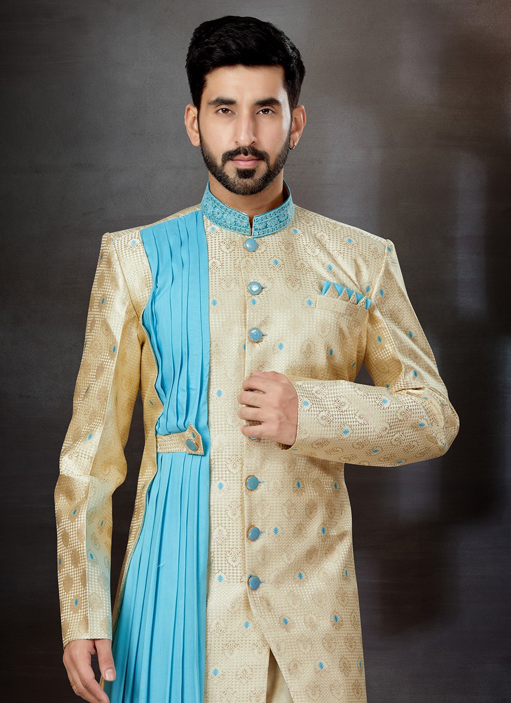 Indo Western Sherwani Jacquard Cream Embroidered Mens