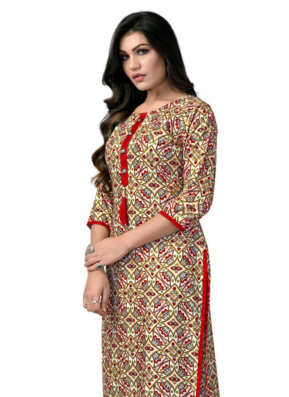 Designer Kurti Rayon Cream Foil Print Kurtis
