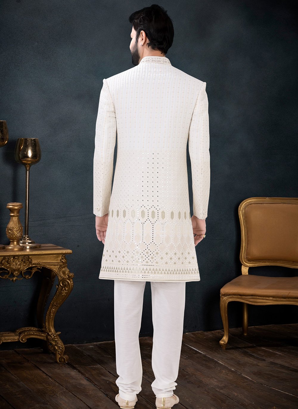 Indo Western Sherwani Georgette Cream Embroidered Mens