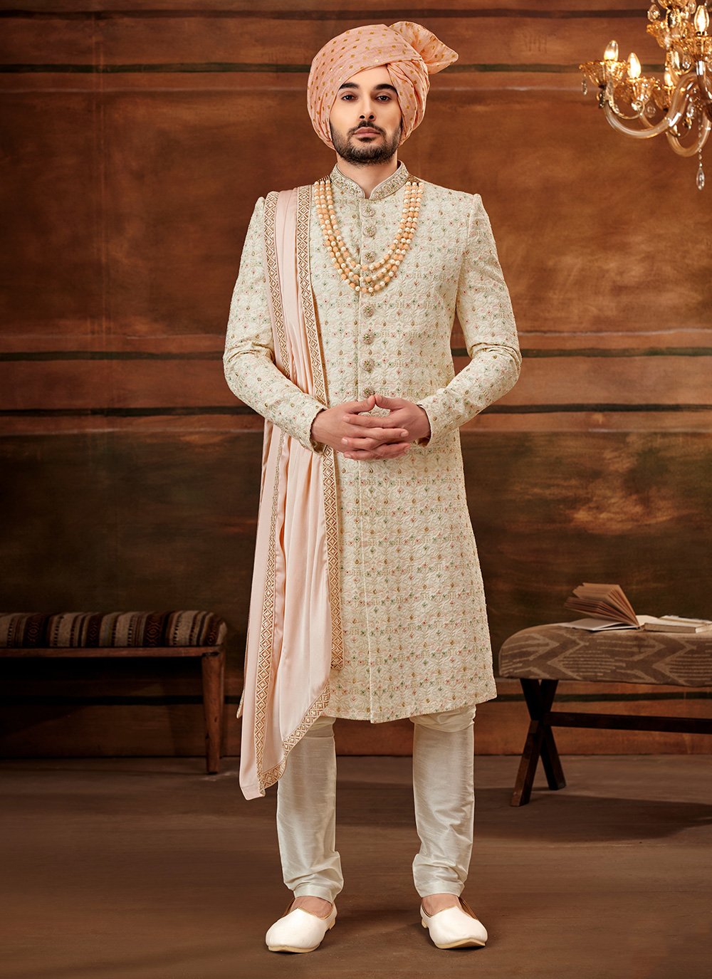 Sherwani Georgette Cream Hand Work Mens
