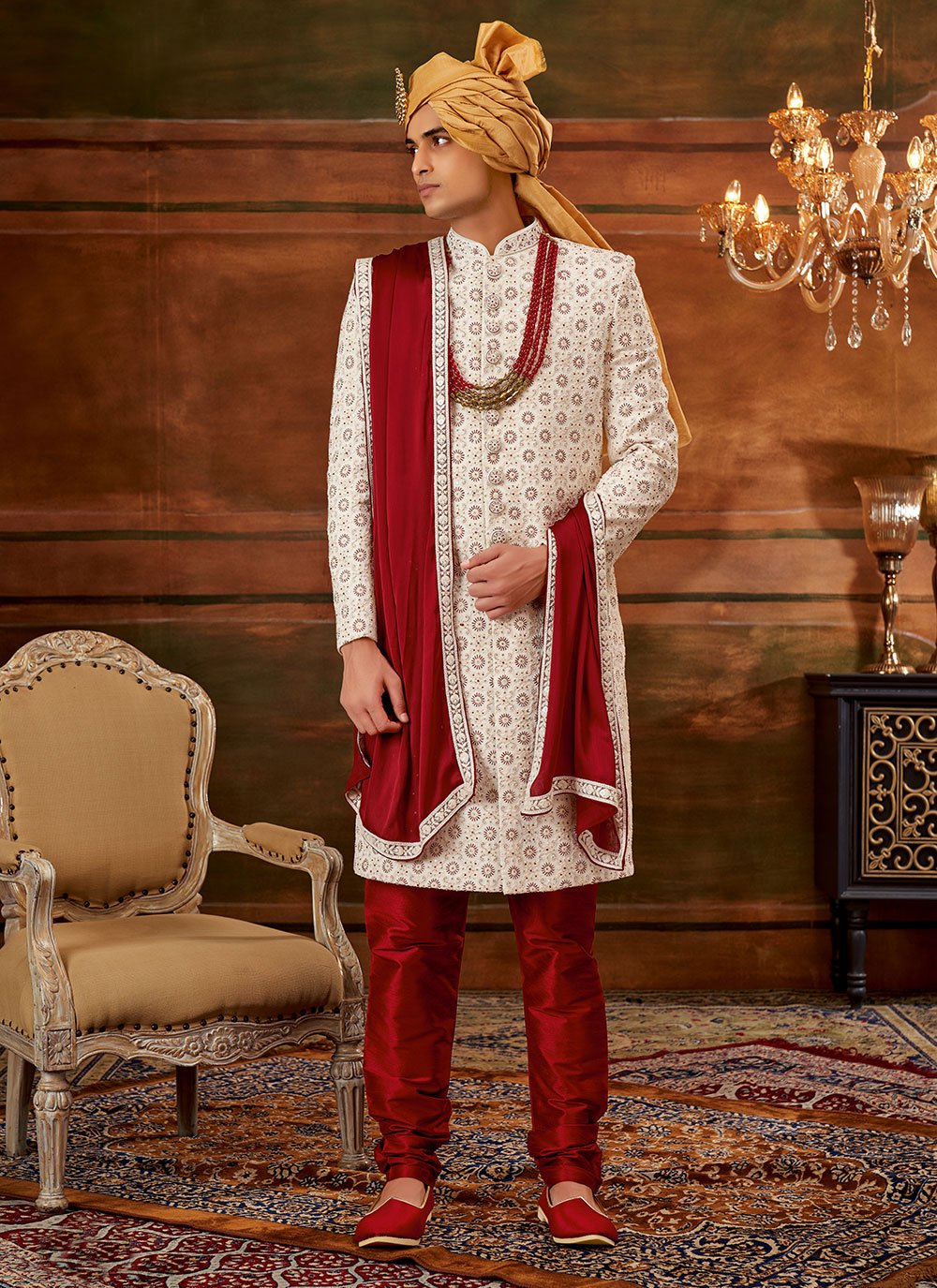 Sherwani Georgette Cream Hand Work Mens