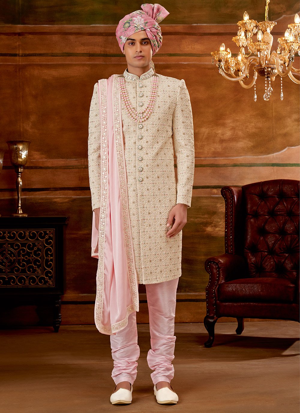 Sherwani Art Silk Cream Hand Work Mens