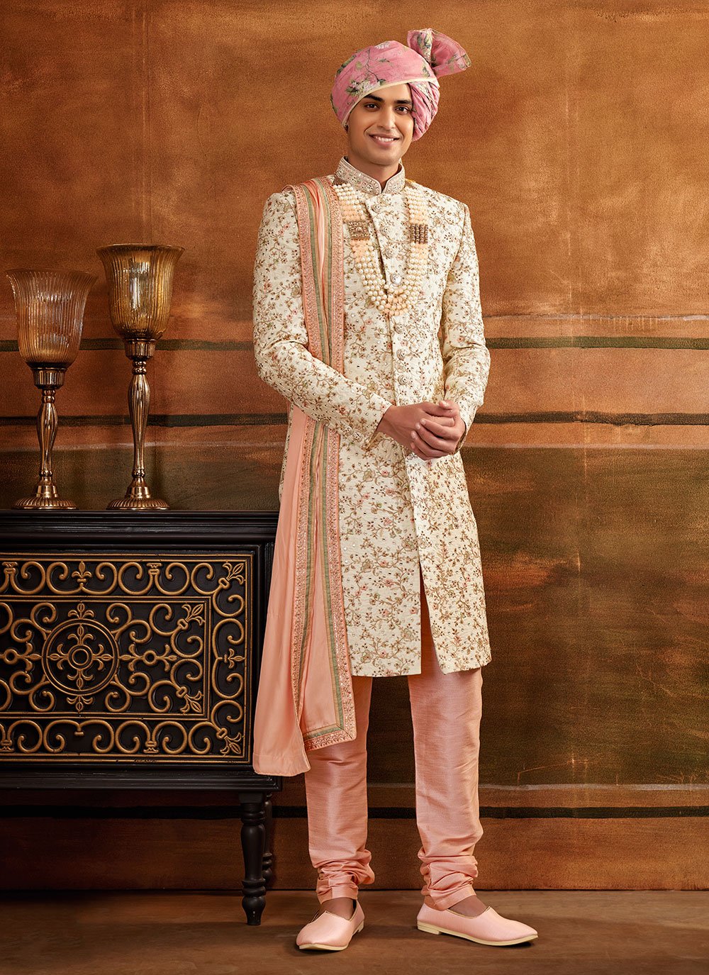 Sherwani Art Silk Cream Hand Work Mens