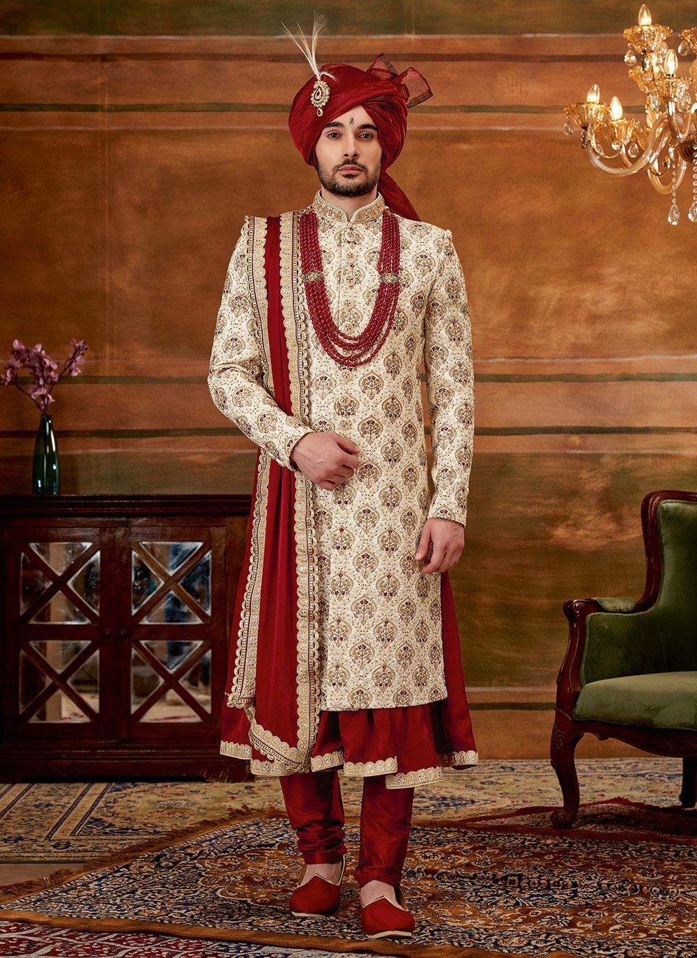 Sherwani Art Silk Cream Hand Work Mens