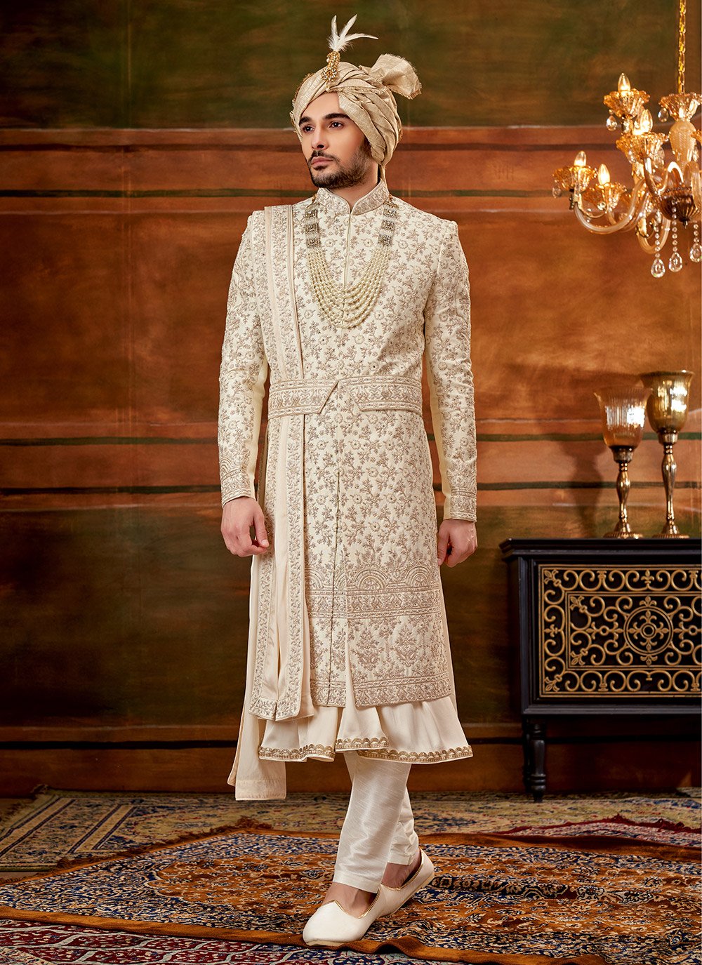 Sherwani Art Silk Cream Hand Work Mens