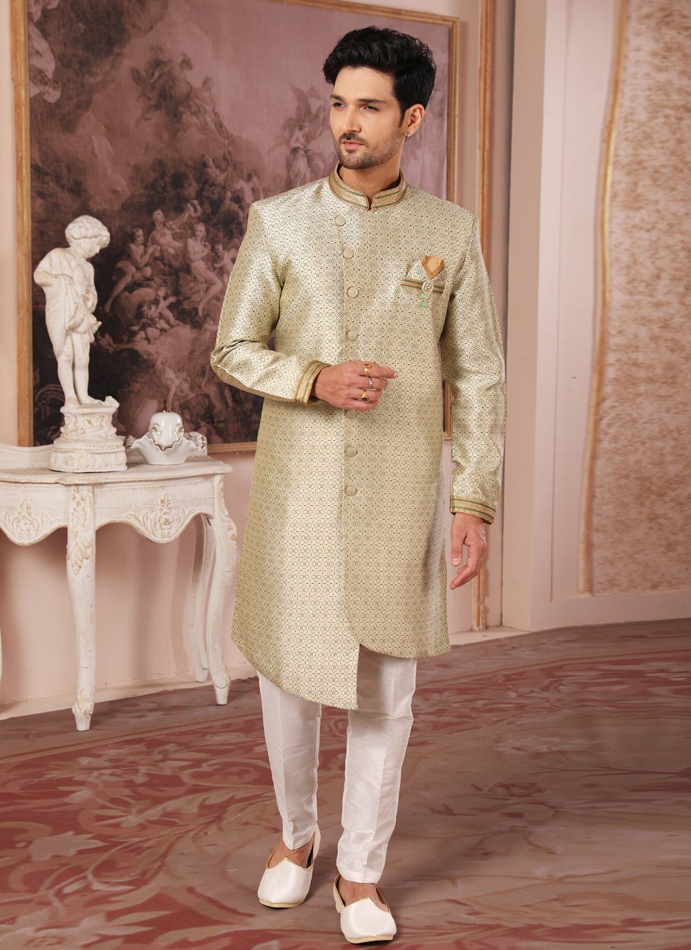 Indo Western Jacquard Cream Embroidered Mens