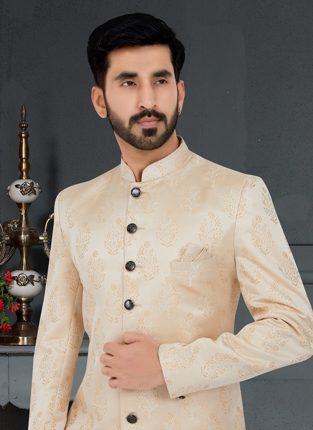 Indo Western Jacquard Cream Weaving Mens