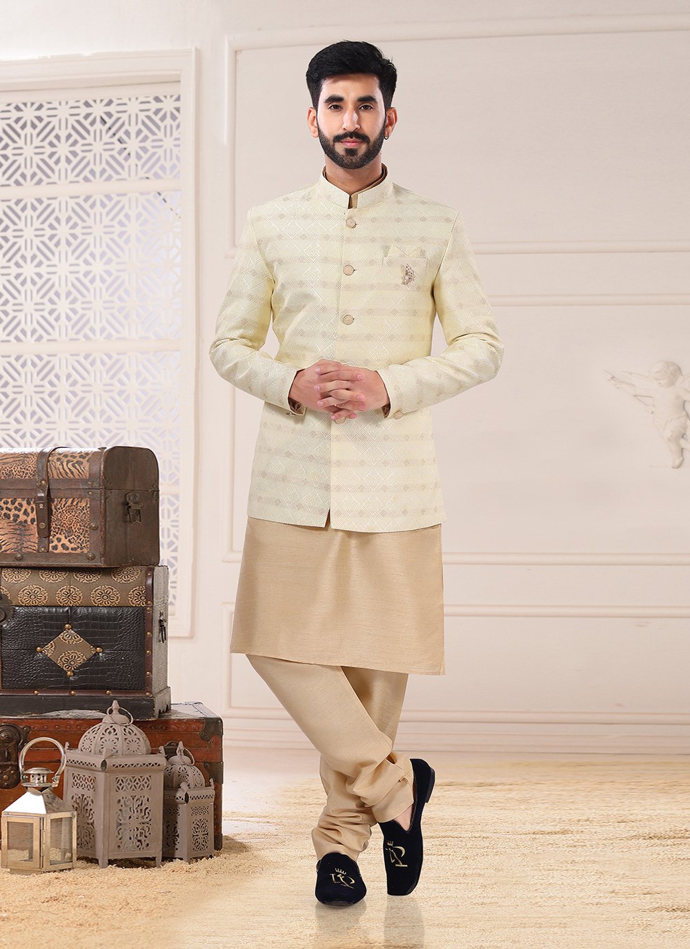 Indo Western Sherwani Jacquard Cream Embroidered Mens