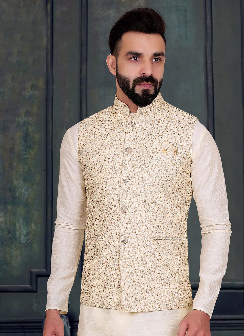 Nehru Jackets Lucknowi Cream Embroidered Mens