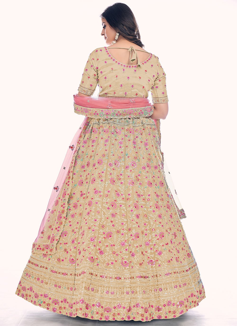 A Line Lehenga Net Cream Sequins Lehenga Choli
