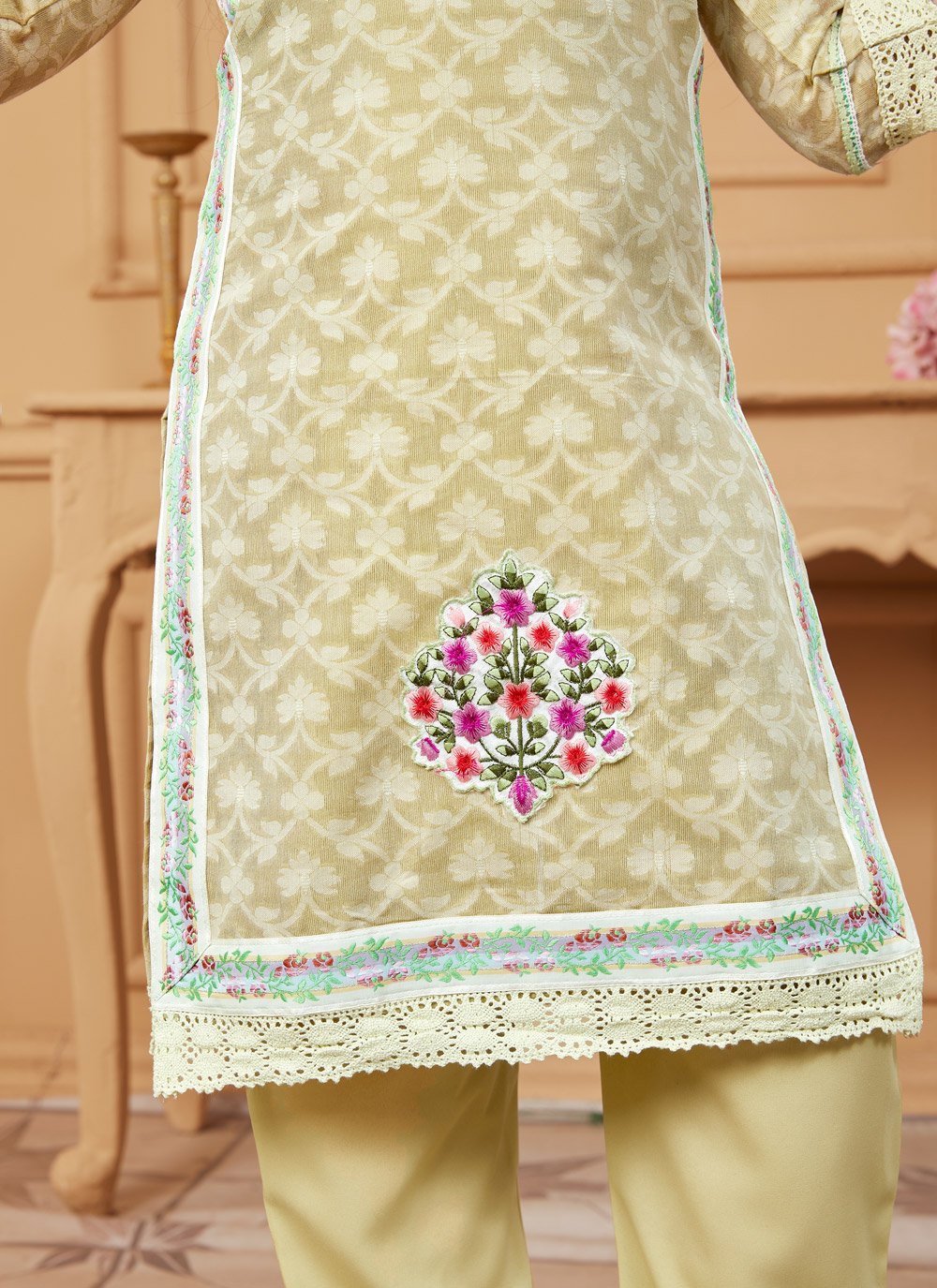 Pant Style Suit Handloom Silk Cream Embroidered Kids