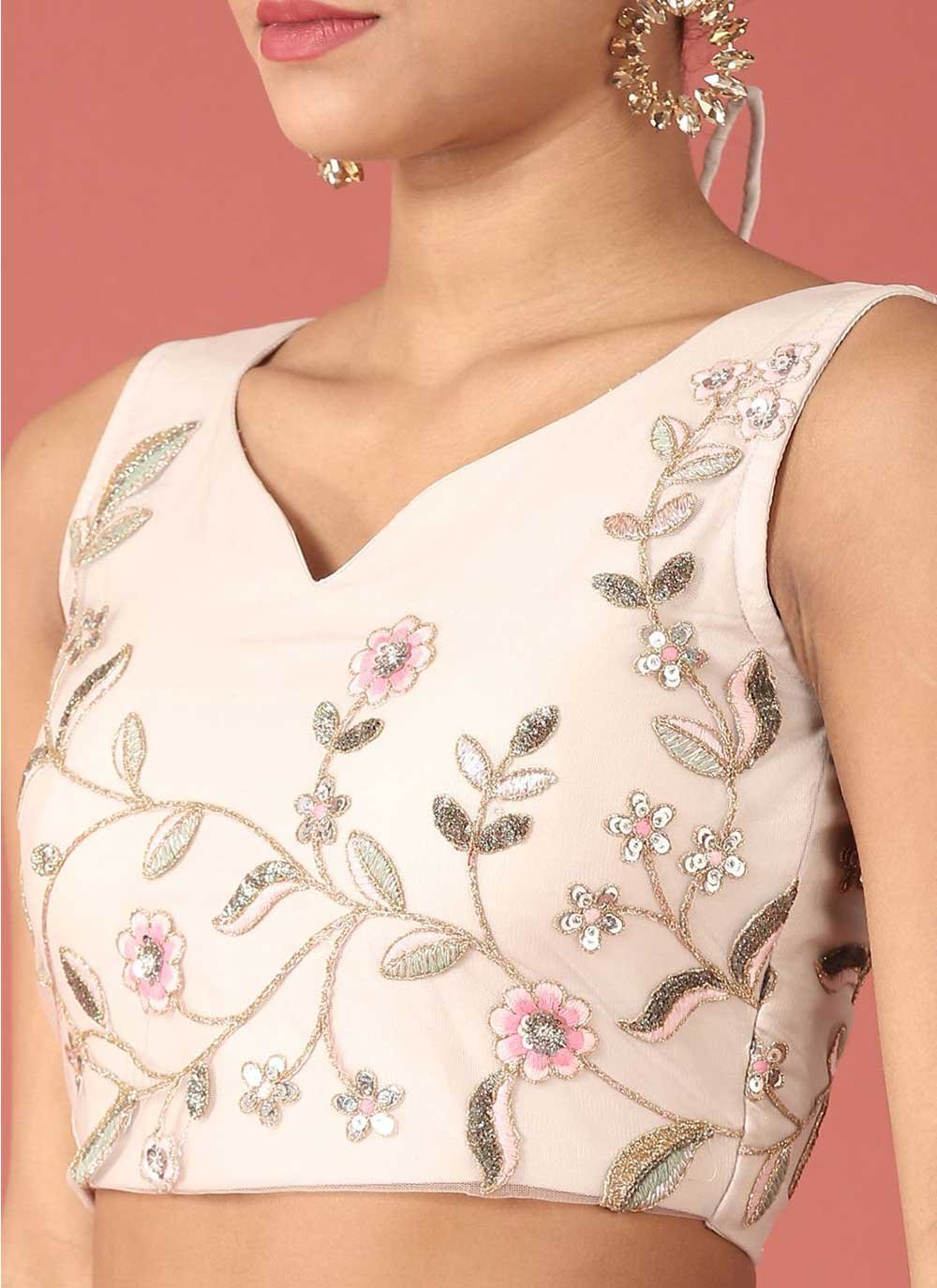 A Line Lehenga Net Cream Embroidered Lehenga Choli