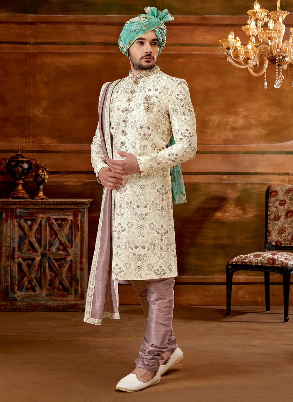Sherwani Art Silk Cream Hand Work Mens