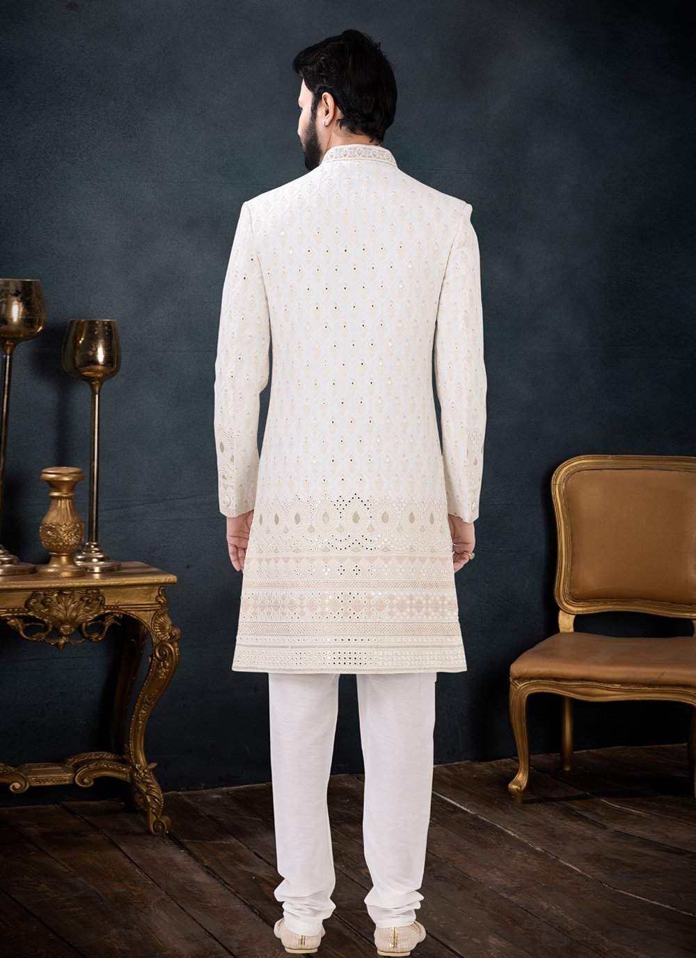 Indo Western Sherwani Georgette Cream Embroidered Mens