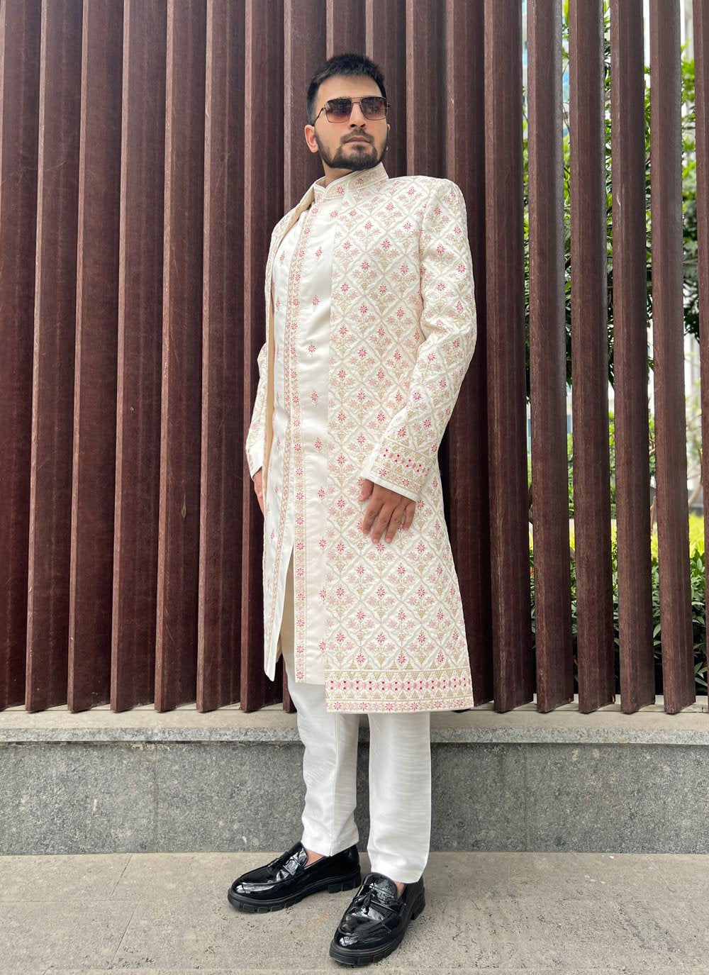Sherwani Silk Cream Embroidered Mens