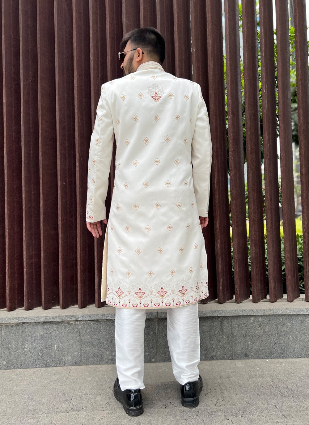 Sherwani Silk Cream Embroidered Mens