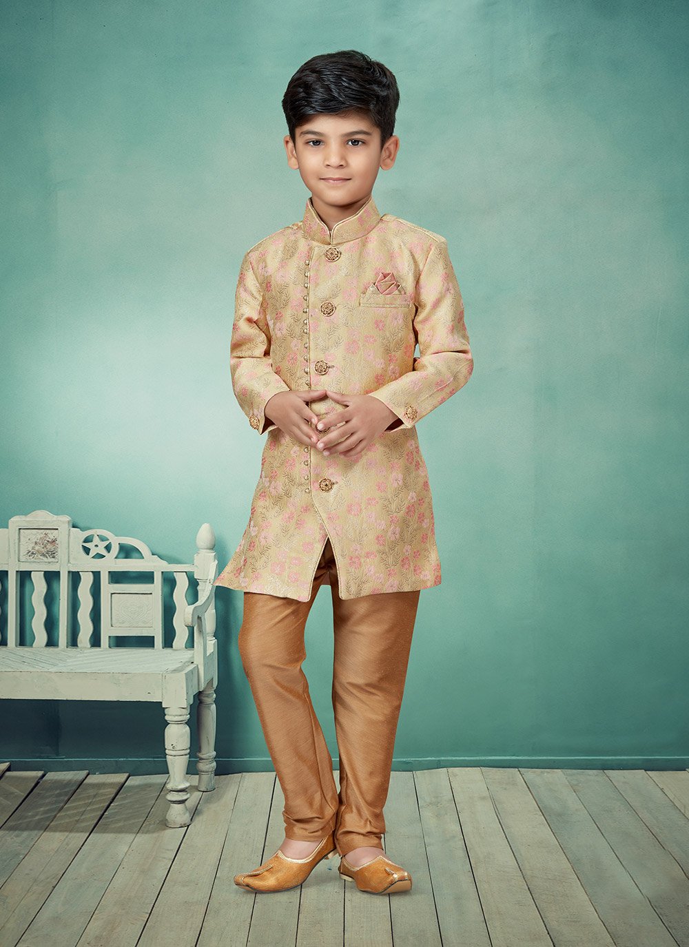 Indo Western Jacquard Cream Stone Kids