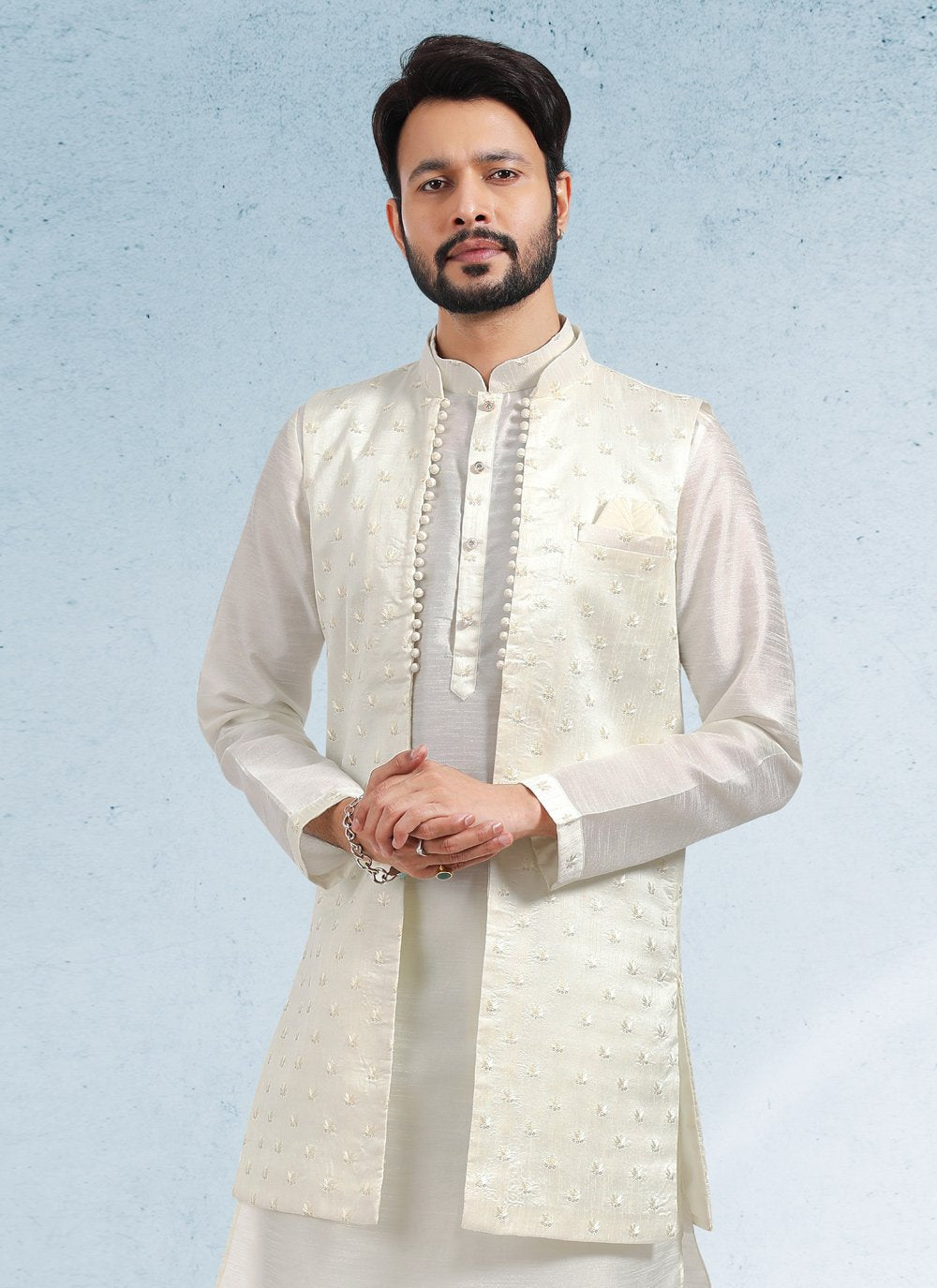 Kurta Payjama With Jacket Art Banarasi Silk Cream Thread Mens