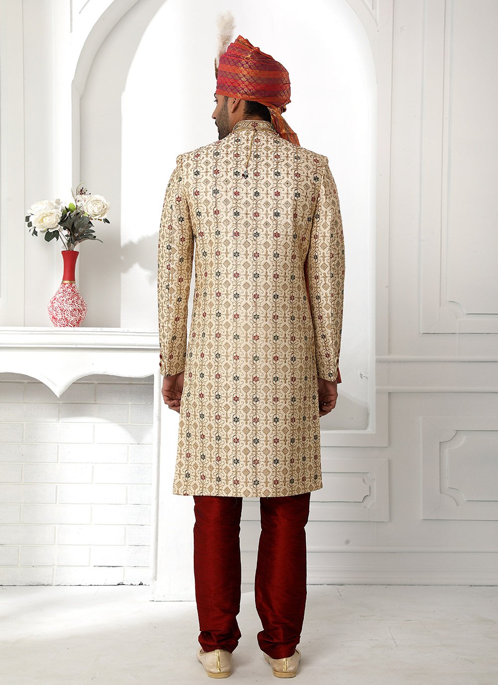 Sherwani Art Silk Cream Machine Embroidery Mens