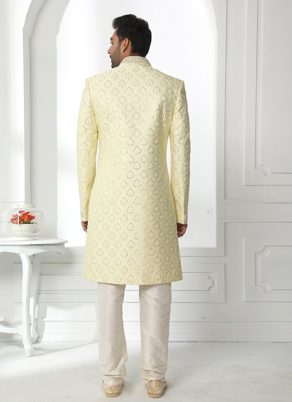 Sherwani Art Silk Cream Machine Embroidery Mens