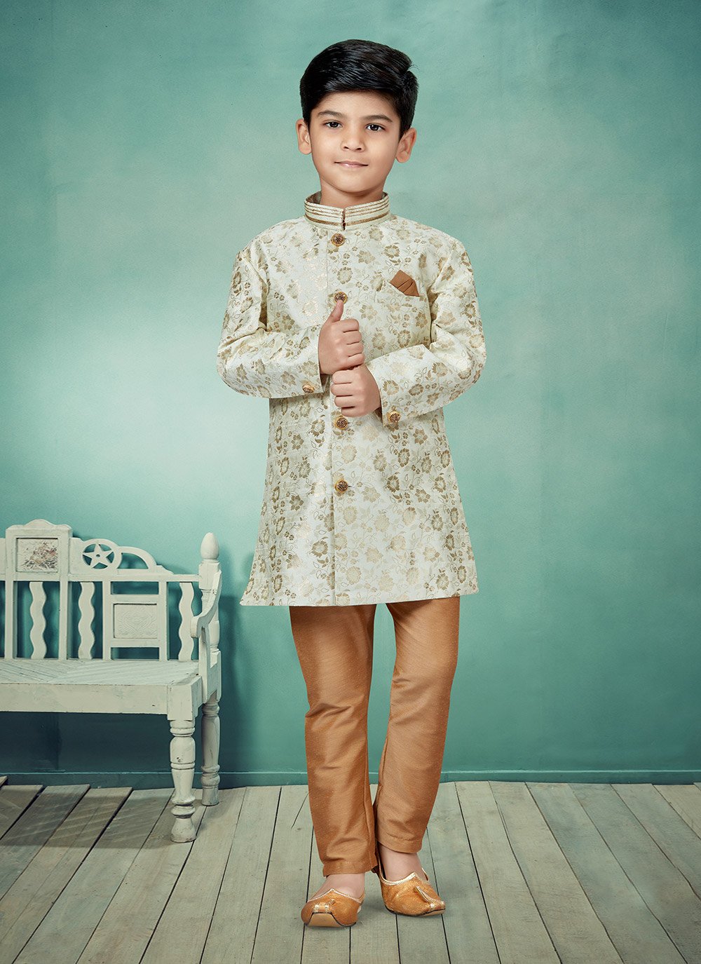 Indo Western Banarasi Jacquard Cream Embroidered Kids