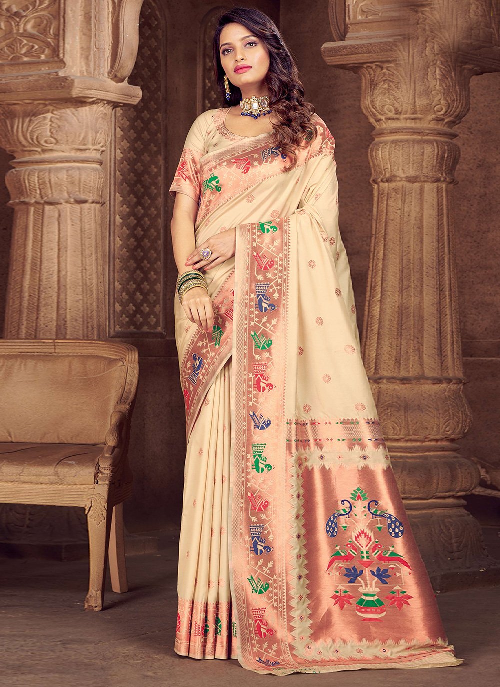 Traditional Saree Silk Cream Weaving Saree